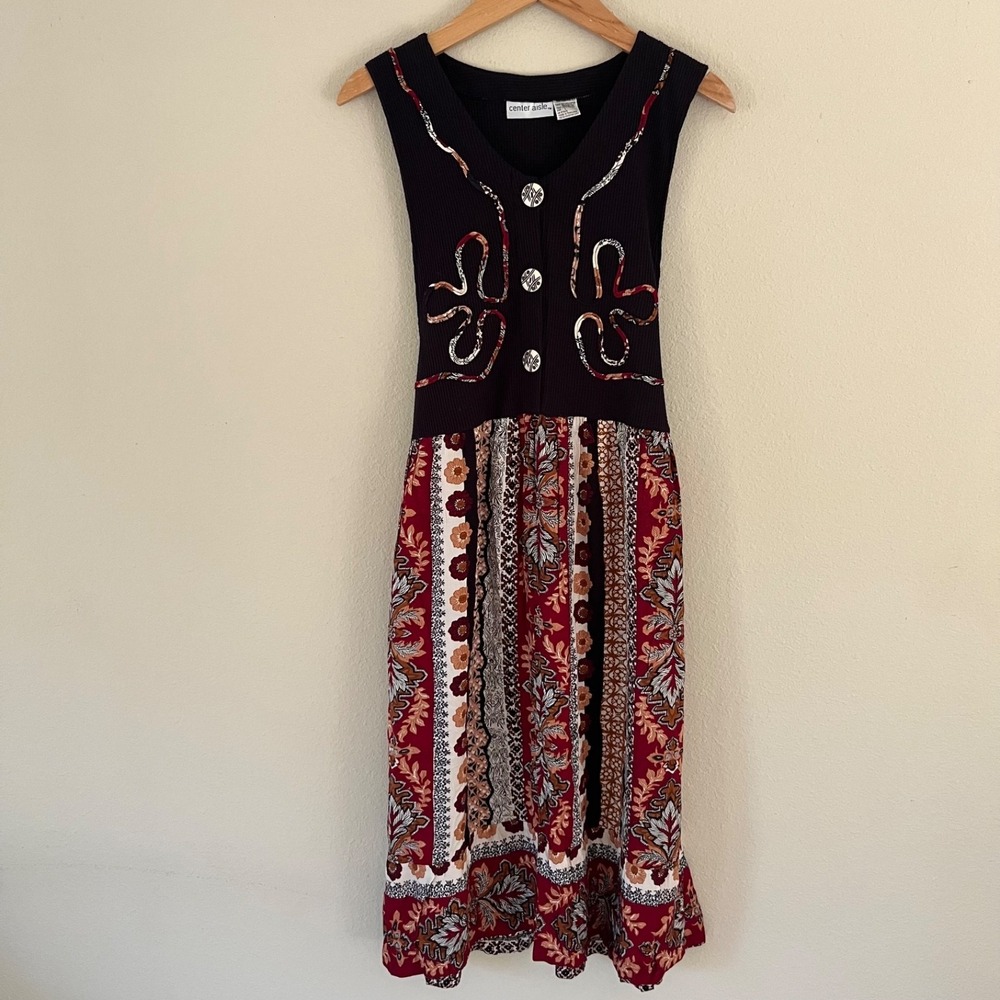Vintage Center Aisle Dress Large Waffle Knit Bodice Embroidery Floral Patchwork